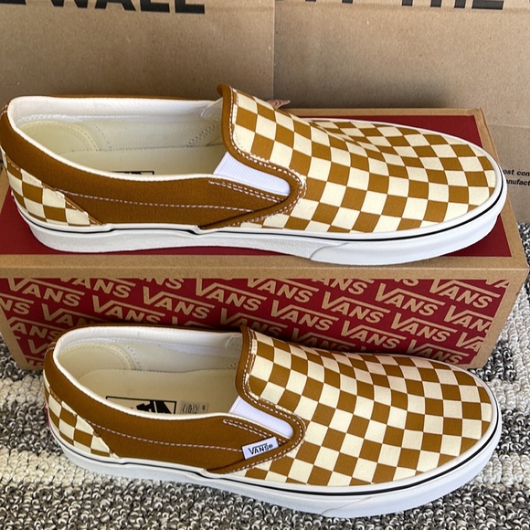 Vans Classic Slip-On Checkerboard Golden Brown/True White MENS - Picture 2 of 16